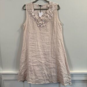 Women’s Rose Marine pink linen Floral Embellished Cream shift dress size L